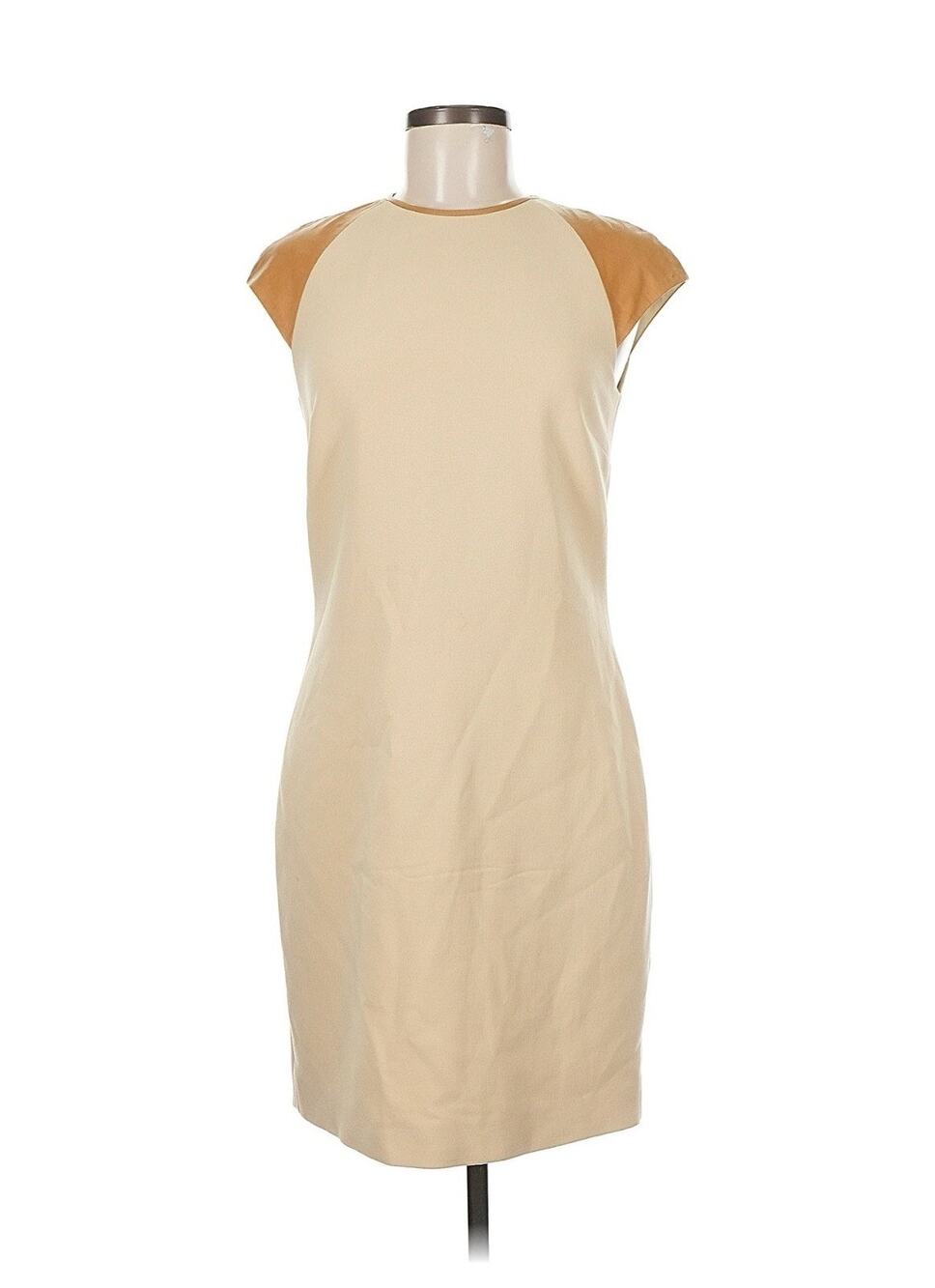 Black Label Ralph Lauren Wool Leather Trim Khaki Tan Stretch Dress Sz 6